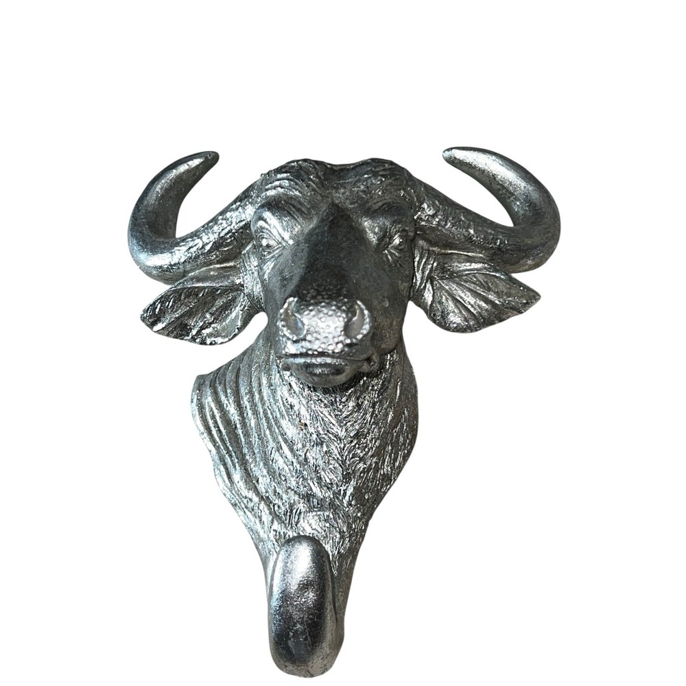 Decorative Silver Ceramic Bull With Horns And Hook Wall Bust